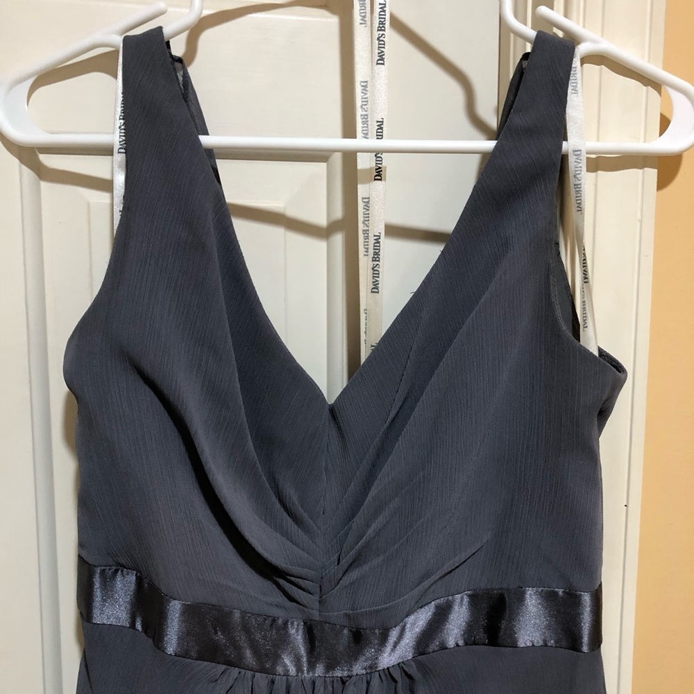 David’s Bridal Dress: Floor-length, v-neck, v-back, size 6, charcoal.